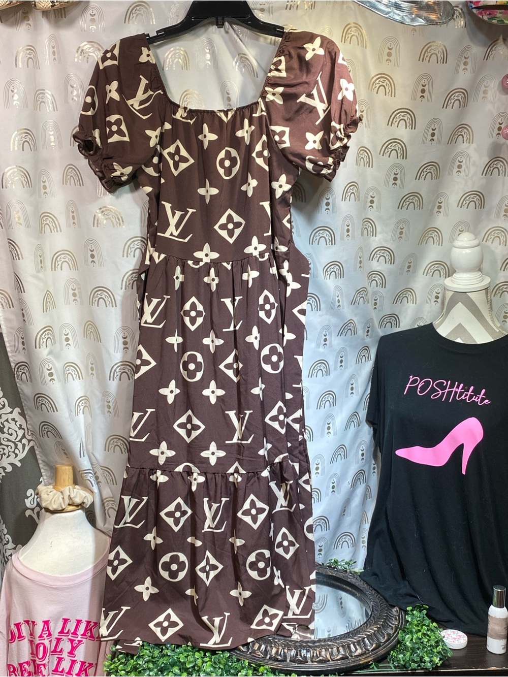 Brown Logo-Print Maxi Dress with Puff Sleeves